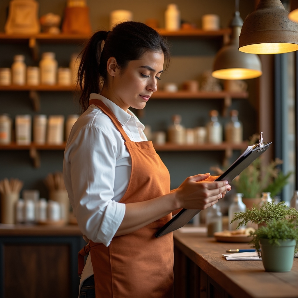 Propietario de comercio revisando inventario en tienda