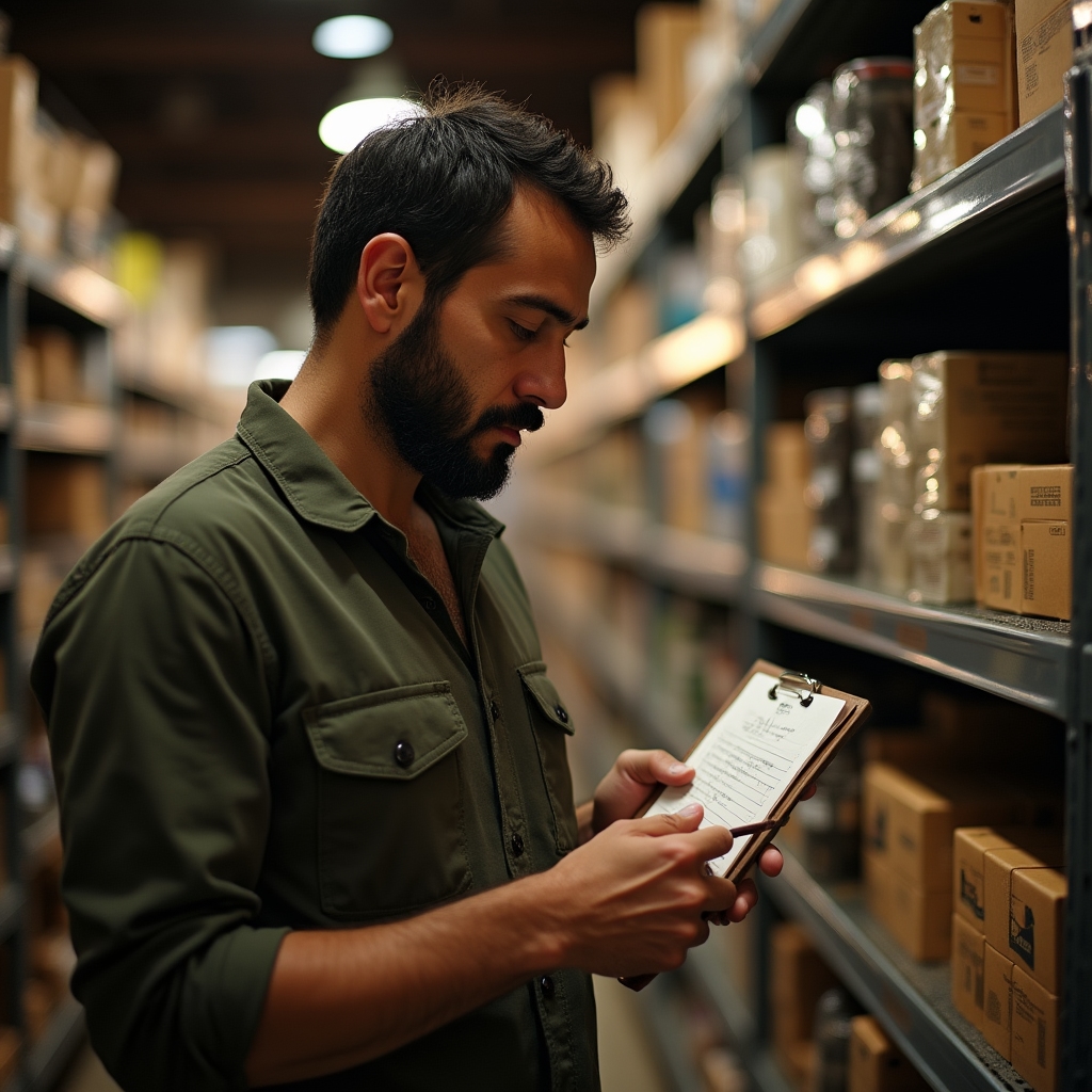 Propietario de pequeño comercio revisando productos en estantería